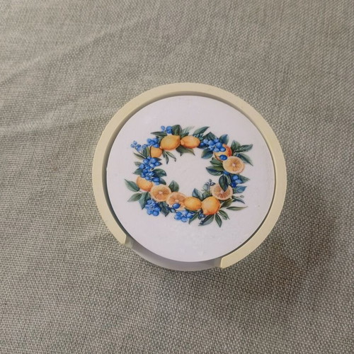 Porcelain coaster set with lemon design, new, cork base