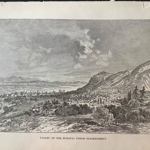 Woodcut 1880 Sparta Valley of Eurotas used