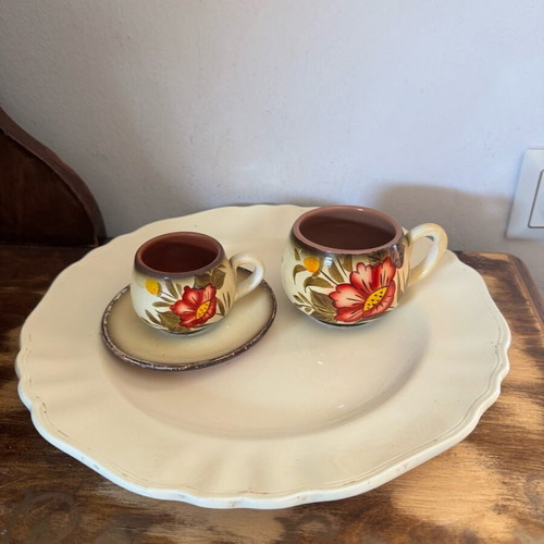 Large vintage platter with two hand-painted used coffee cups