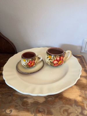 Large vintage platter with two hand-painted used coffee cups