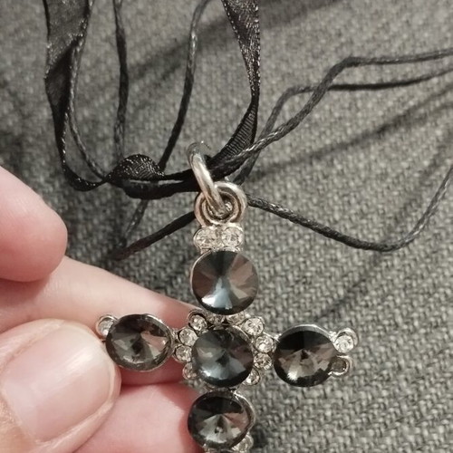 Women's necklace with large black stone cross and organza ribbon, like new