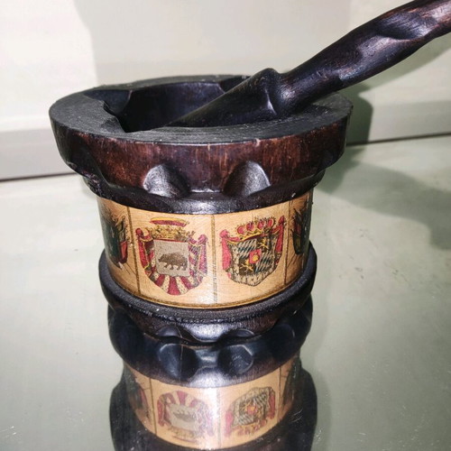 Wooden mortar used with pestle and 9 flags collectible