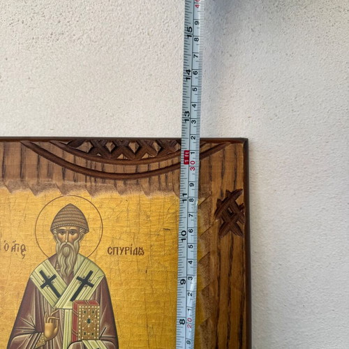 Vintage Byzantine Icon Saint Spyridon on Hand-Carved Wood like new