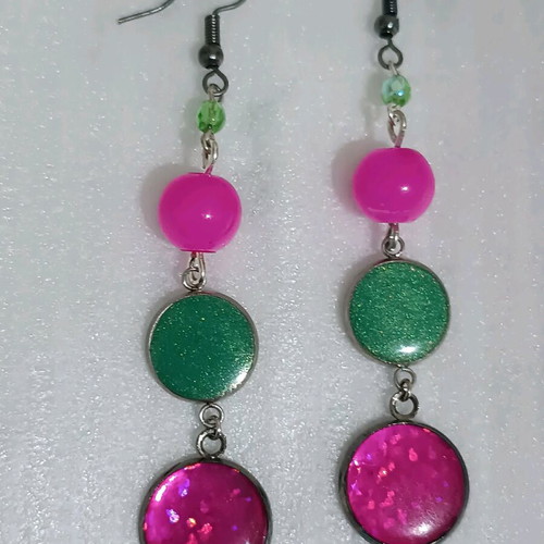 Earrings with liquid glass new, handmade, pink and green