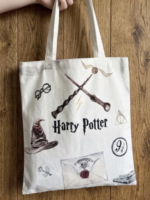 Υφασμάτινη τσάντα ώμου Harry Potter καινούργια, λευκή με σχέδια