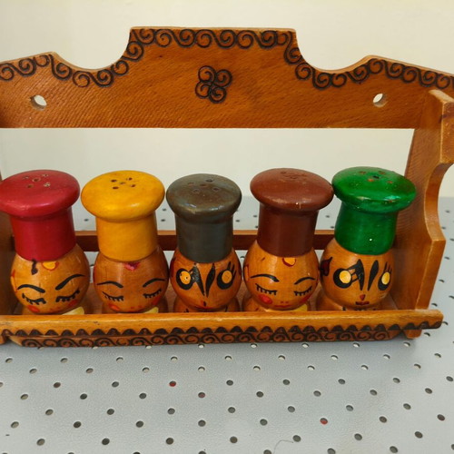 Vintage 1970s Japanese handmade wooden salt and pepper shakers, set of 5 with wall rack