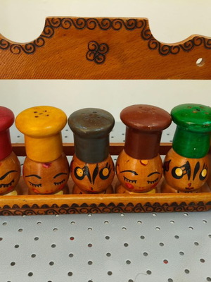 Vintage 1970s Japanese handmade wooden salt and pepper shakers, set of 5 with wall rack