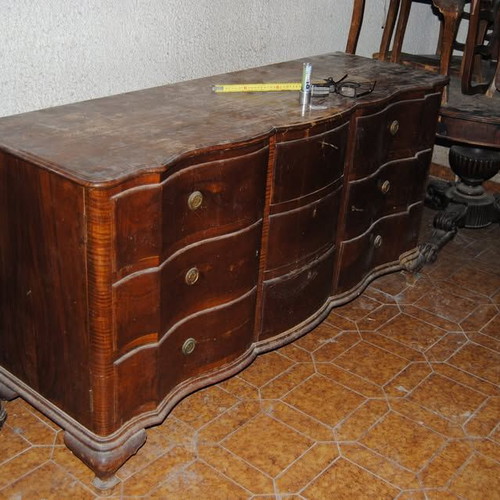 Old buffet with unique design, tiger maple wood