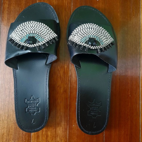 Leather women's flat sandals with eye-shaped stones new, black, size 37