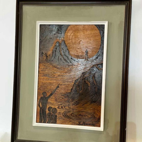 Vintage pyrography wall art with surreal landscape and artist signature, 62x47