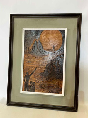 Vintage pyrography wall art with surreal landscape and artist signature, 62x47