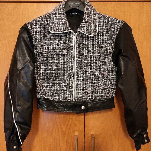 Bomber jacket plaid with faux leather sleeves new, black and white