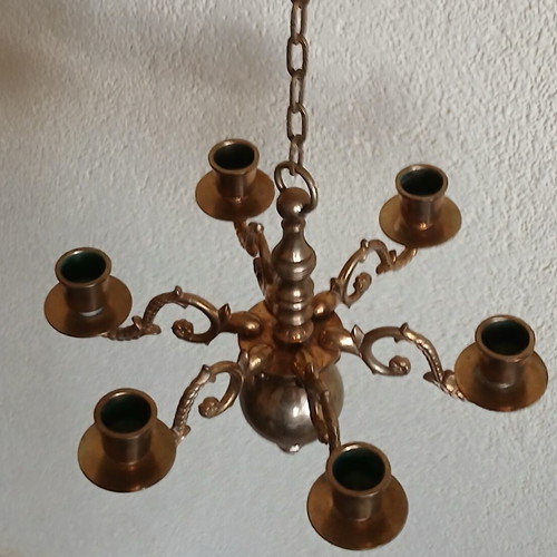 Antique bronze chandelier like new, hanging with six candle arms