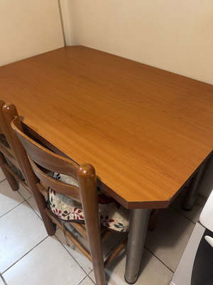 Kitchen dining set used, table 70cm with 2 wooden chairs with rattan seats