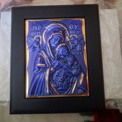 Collectible icon Virgin Mary with Child blue porcelain with gold details new