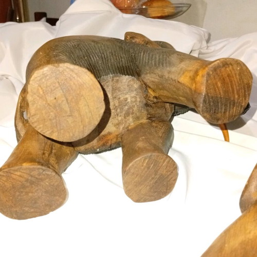 Pair of vintage handmade elephants used, solid dark wood