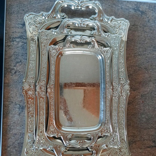 Vintage serving trays set used, stainless steel, carved