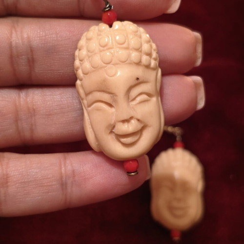 Vintage Laughing Buddha earrings, cream with red beads