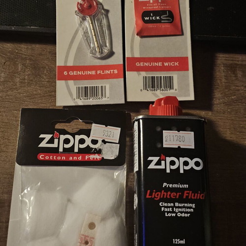 Zippo lighter fluid, flints, cotton and wick set