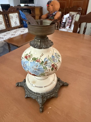 Old French oil lamp base with painted ceramic