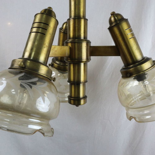 Three-light ceiling lamp brass and glass, new, 1950s