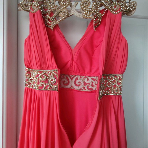 Maxi dress like new coral/salmon with gold lace and pearls, size 40