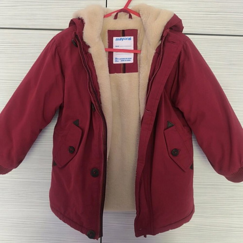 Mayoral jacket for boy 3 years like new, dark red with fur lining