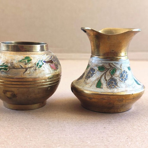 Brass decorative containers used with enamel, set of 2 vintage 1960s–70s