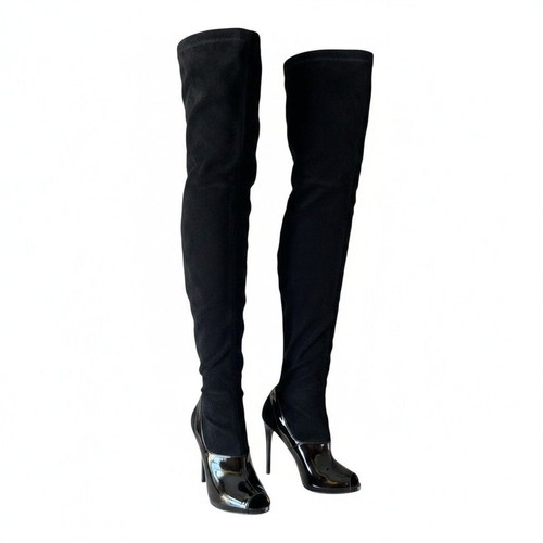 Stella McCartney Black Suede Thigh High Peep Toe Boots Size EU 35.5 New