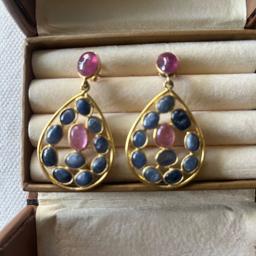 925 Silver Gold-Plated Earrings with Labradorite and Tourmaline New
