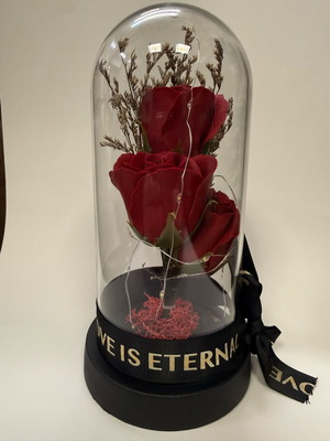 Eternal roses with light in glass vase and warm LED light