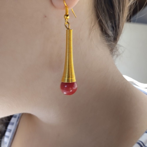 Dangle earrings elegant with genuine coral bead, new, orange and gold