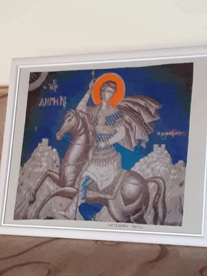 Embroidered icon Saint Demetrios new, cross-stitch on etamine 30×40 cm