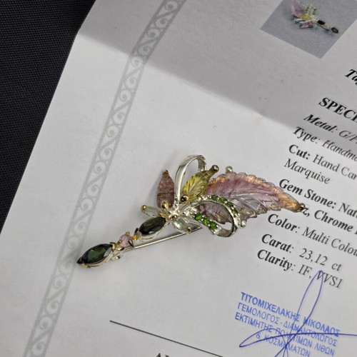 Handmade Leaf Brooch with Natural Gemstones in 925 Silver Gold Plated