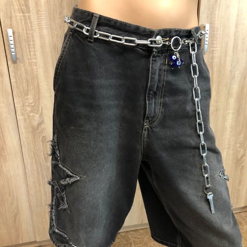 Silver Chunky Paperclip Chain Belt with Evil Eye and Key Charms Y2K Grunge