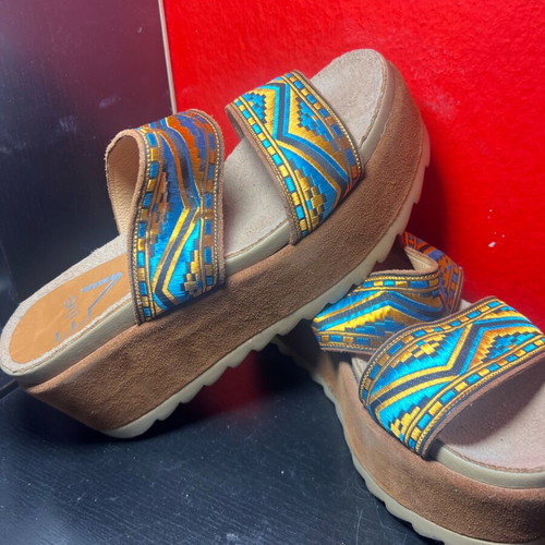 Leather double-strap slippers new, size 39, brown with patterns