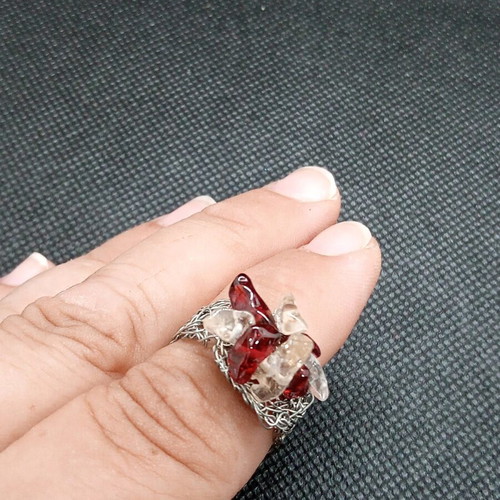 Handmade white metal ring with quartz and garnet semi-precious stones