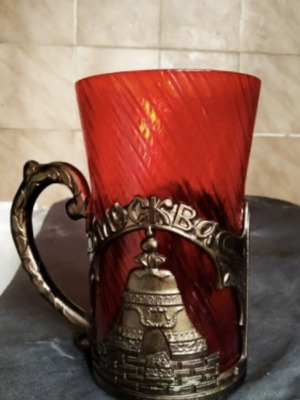 Vintage podstakan glass used, red glass with metal holder