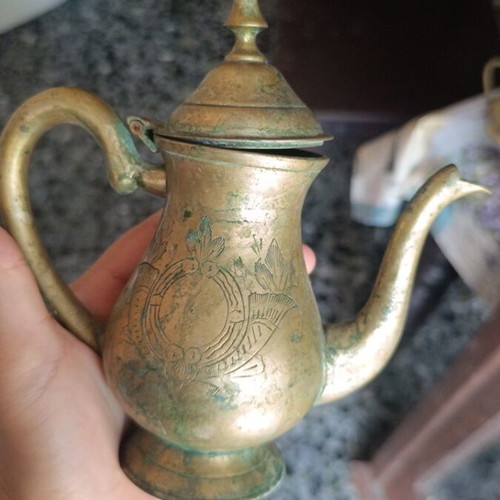 Brass tea set used, antique vintage decorative with embossed designs