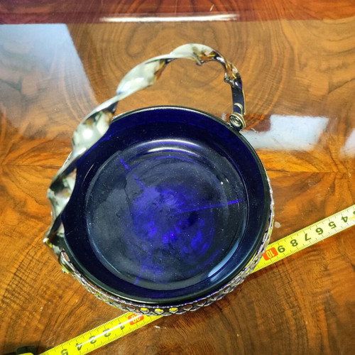 Metal fondue pot with blue glass bowl like new, vintage