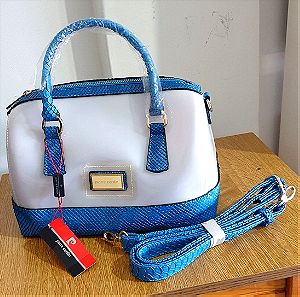 Γυναικεία τσάντα χειρός/ώμου λευκή με μπλε λεπτομέρειες Pierre Cardin
