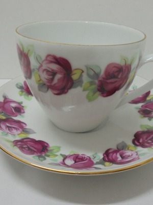 Vintage Bohemia porcelain cup and saucer set used with roses