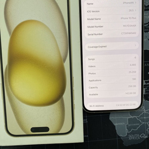 iPhone 15 Plus 256GB yellow used, dual SIM, titanium case marks