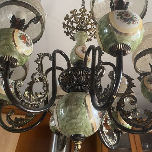 Vintage 6-Light Brass Chandelier with Handmade Porcelain, Like New