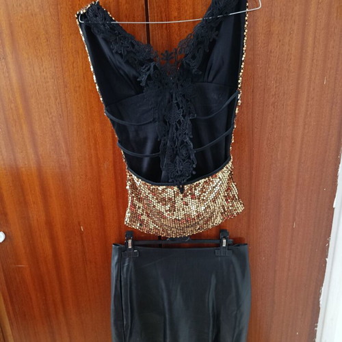 Gold sequin crop top and black mini skirt set like new