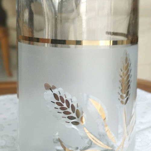 Vintage Italian Glass Pitcher with Gold Wheat Design like new