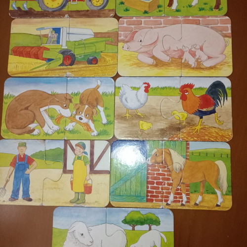 Educational set of 9 mini puzzles used, farm animals