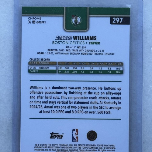 2025 Topps Chrome Amari Williams RC X Fractor new