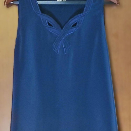 Sleeveless satin blouse with bow embroidery, like new, dark blue, size L