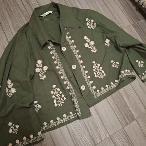 Zara embroidered linen-blend jacket XL like new, khaki with white floral